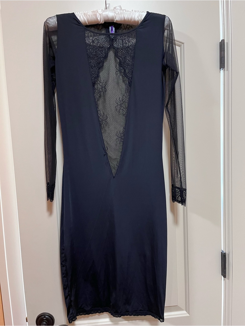 Black Sheer-Back Midi Dress with Lace Insets